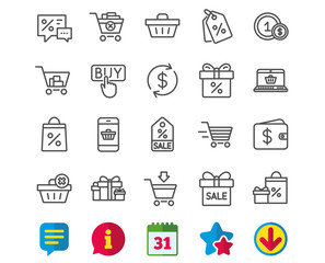 Shopping line icons. Gifts, Wallet and Sale.