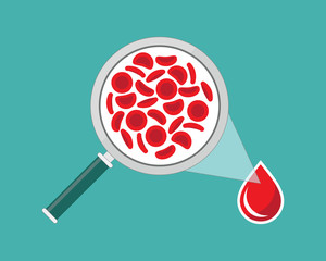 Red blood cells with magnifying glass - vector illustration
