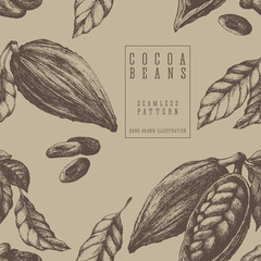 Cocoa seamless pattern, retro style sketch vector illustration. Colonial goods. Eco packaging for chocolate design.