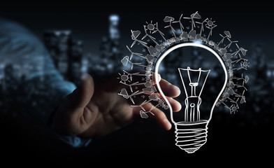Businessman touching renewable eco lightbulb sketch