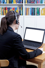woman headset laptop copy space
