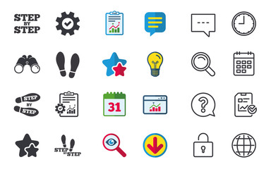 Step icons. Footprint shoes symbols.