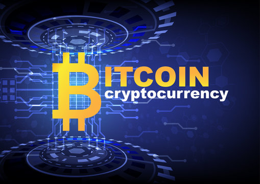 Fintech Financial Technology concept image. Digital currencies , cryptocurrency , digital money and bitcoin concept. Bitcoin icon and electric circuit graphic, on blue background