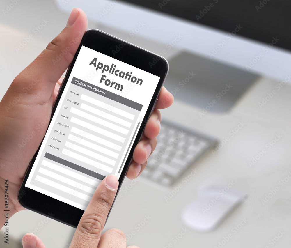 Poster business man working on laptop computer use online web job application form moniter