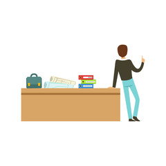 Young university teacher talking to group of students, back view, high school education vector Illustration