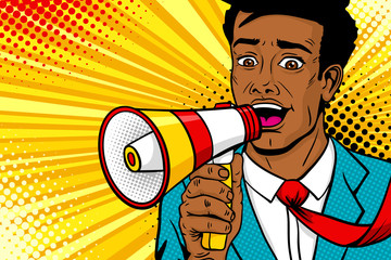 Wow pop art male face. Young african american man with open mouth, flying tie, megaphone screaming announcement. Vector background in comic retro pop art style. Party invitation poster.