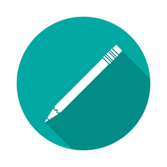 Pencil circle icon with long shadow. Flat design style. Pencil simple silhouette. Modern, minimalist, round icon in stylish colors. Web site page and mobile app design vector element.