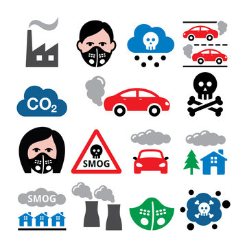 Smog, pollution, anti pollsution mask vector icons set - ecology, environment concept 