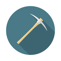 Pickaxe circle icon with long shadow. Flat design style. Pick axe simple silhouette. Modern, minimalist, round icon in stylish colors. Web site page and mobile app design vector element.