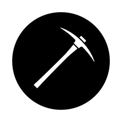 Pickaxe circle icon. Black, round, minimalist icon isolated on white background. Pick axe simple silhouette. Web site page and mobile app design vector element.