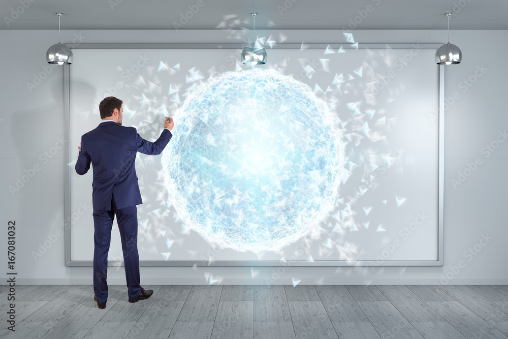 Poster Businessman using digital planet earth interface on a board 3D rendering