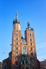 Mariatsky church in Krakow in sunny winter day, Poland
