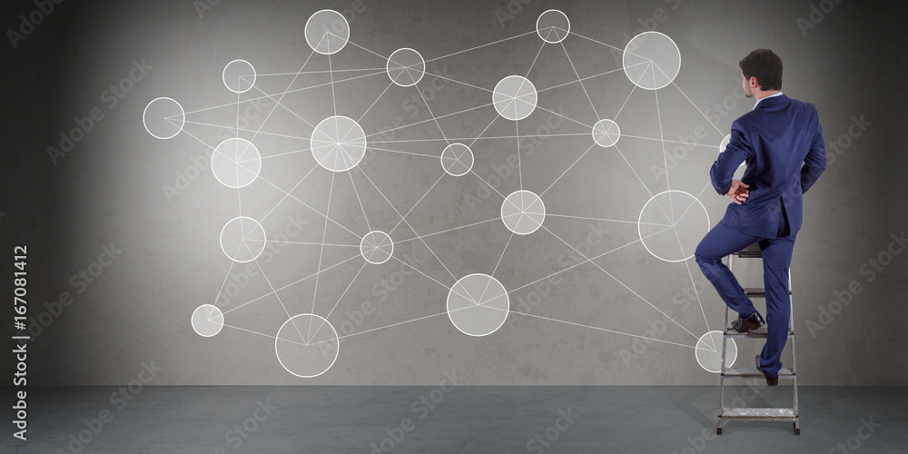 Aufkleber businessman using social network interface on a wall 3d rendering