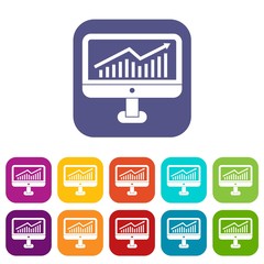 Growth graph on the computer monitor icons set