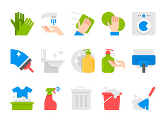 flat cleaning set icons. cleaning tools