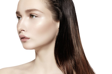 Fototapeta premium Beautiful Face of young Woman. Skincare, Wellness, Spa. Clean soft Skin, Fresh look. Natural daily makeup, wet hair