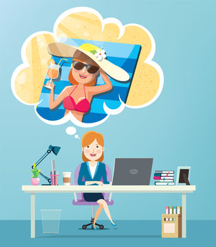 Businesswoman working and thinking about summer her vacation holidays travel in a sunhat and bikini on the beach. Vector illustration