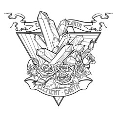 Alchemic Element of Earth sign. Down pointing triangle with rose garland and spiky Crystals. Banner ribbon. Concept design for the tattoo, colouring book or postcard. EPS10 .