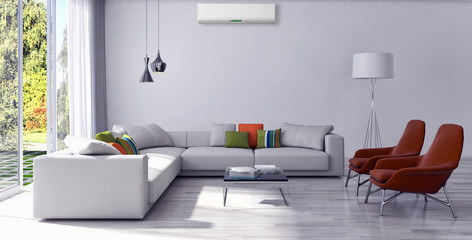 Fototapeta na wymiar Modern bright living room lounge interior with air conditioning. 3D rendering