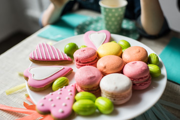 close-up view of delicious colorful sweets at birthday party