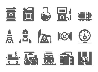 oil and petrol industry objects. icons set of heavy industry, mining resources, tanker and fuel, energy industry.