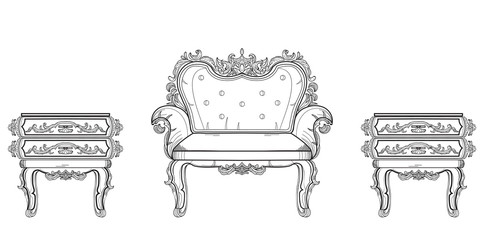 Baroque furniture rich set collection. Ornamented background Vector illustration