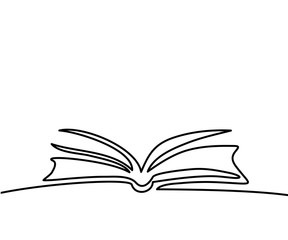 Opened book with pages isolated on white. Continuous line drawing. Vector illustration