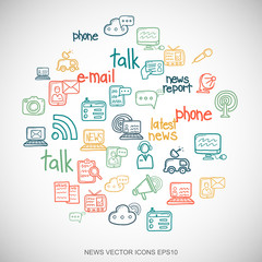 Multicolor doodles Hand Drawn News Icons set on White. EPS10 vector illustration.