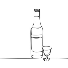 Vodka bottle and glass isolated on white background. Continuous line drawing. Vector illustration