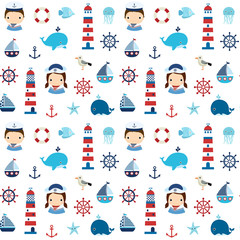 Cute nautical seamless pattern with boy, girl and marine elements for textile, paper and backgrounds