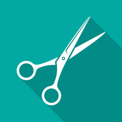 Scissors icon with long shadow. Flat design style. Shears simple silhouette. Modern, minimalist icon in stylish colors. Web site page and mobile app design vector element.