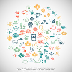 Multicolor doodles Hand Drawn Cloud Technology Icons set on White. EPS10 vector illustration.