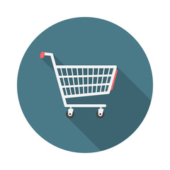 Shopping cart circle icon with long shadow. Flat design style. Shopping cart simple silhouette. Modern, minimalist, round icon in stylish colors. Web site page and mobile app design vector element. © Victor