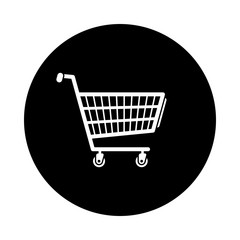 Shopping cart circle icon. Black, round, minimalist icon isolated on white background. Shopping cart simple silhouette. Web site page and mobile app design vector element.