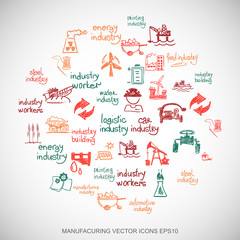 Multicolor doodles Hand Drawn Industry Icons set on White. EPS10 vector illustration.