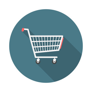 Shopping cart circle icon with long shadow. Flat design style. Shopping cart simple silhouette. Modern, minimalist, round icon in stylish colors. Web site page and mobile app design vector element.
