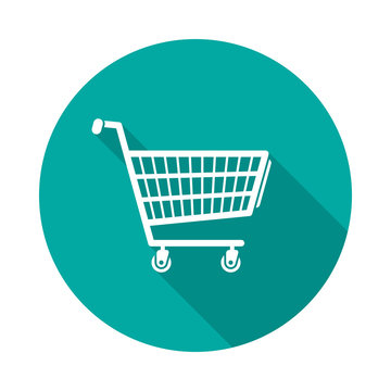 Shopping cart circle icon with long shadow. Flat design style. Shopping cart simple silhouette. Modern, minimalist, round icon in stylish colors. Web site page and mobile app design vector element.
