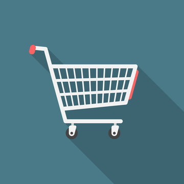 Shopping cart icon with long shadow. Flat design style. Shopping cart simple silhouette. Modern, minimalist icon in stylish colors. Web site page and mobile app design vector element.