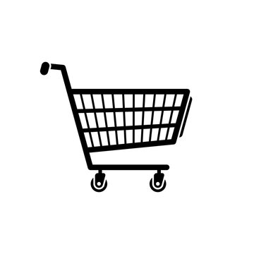 Shopping cart icon. Black, minimalist icon isolated on white background. Shopping cart simple silhouette. Web site page and mobile app design vector element.