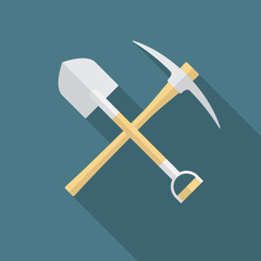 Shovel and pickaxe icon with long shadow. Flat design style. Shovel and pick axe silhouette. Simple icon. Modern flat icon in stylish colors. Web site page and mobile app design vector element.