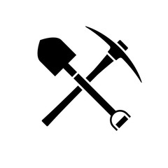 Shovel and pickaxe icon. Black icon isolated on white background. Shovel and pick axe silhouette. Simple icon. Web site page and mobile app design vector element.