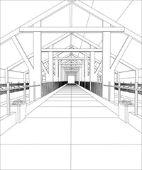 Wire-frame industrial building indoor on the white. Tracing illustration of 3d.