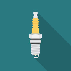 Spark plug icon with long shadow. Flat design style. Spark plug simple silhouette. Modern, minimalist icon in stylish colors. Web site page and mobile app design vector element.