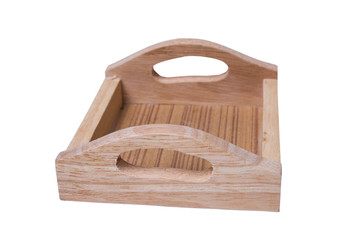 Wooden tray, small empty wooden tray isolated on white background. Clipping path included.