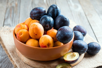 Summer fruits - plums and apricots in a bowl on wooden background