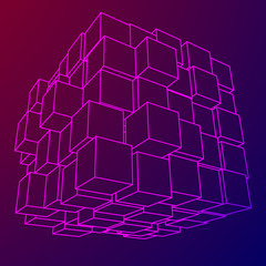 Wireframe Mesh Big Data Cube Made of Many Cubes. Connection Structure. Digital Info Visualization Concept. Vector Illustration.