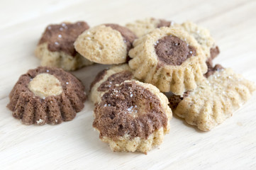 Czech traditional cookies named pracny, bicolor, two colors, little mud pies