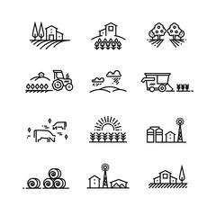 Village line landscapes with agricultural field and farm buildings. Linear farming vector concepts © MicroOne