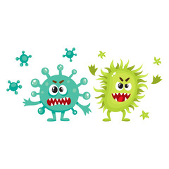 Couple of virus, germ, bacteria characters with human faces and sharp teeth, cartoon vector illustration on white background. Scary bacteria, virus, germ monsters, pathogens, microorganisms
