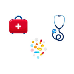 Vector realistic stethoscope, first aid suitcase pills tablets set. Illustration isolated on a white background. First aid, ambulance, surgery medicine symbol. Sign of emergency healthcare doctor